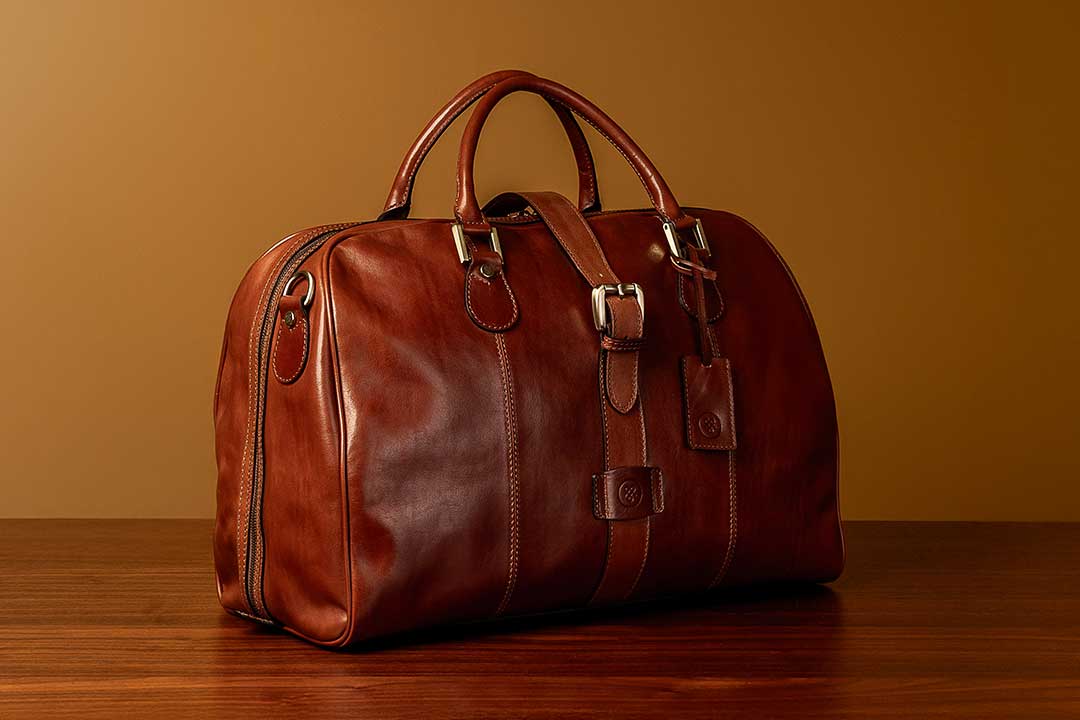 Detailaufnahme der Farini Tasche mit Struktur des pflanzlich gegerbten Vollnarbenleders