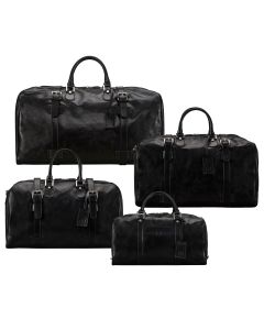 Four coordinated luxury leather holdalls side by side S M L XL