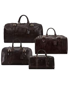 Premium leather travel set small medium large and extra large holdalls together